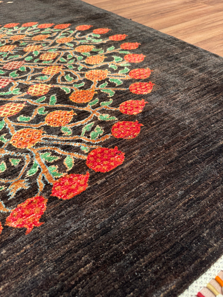 Sultani Pomegranate Tree Original Hand-Woven Black Vegetable Dyed Wool Carpet 148x197 2.92 Square Meters - 4x6 ft