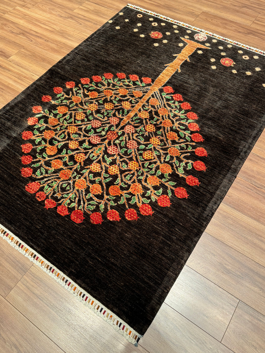 Sultani Pomegranate Tree Original Hand-Woven Black Vegetable Dyed Wool Carpet 148x197 2.92 Square Meters - 4x6 ft