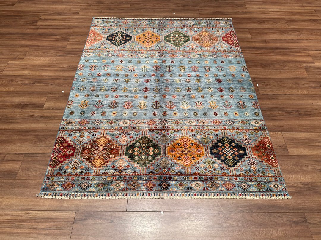 Khorjin Orjinal El Dokuması Mavi Kök Boya Yün Halı 156x193 3.01 Metrekare - 5x6 ft