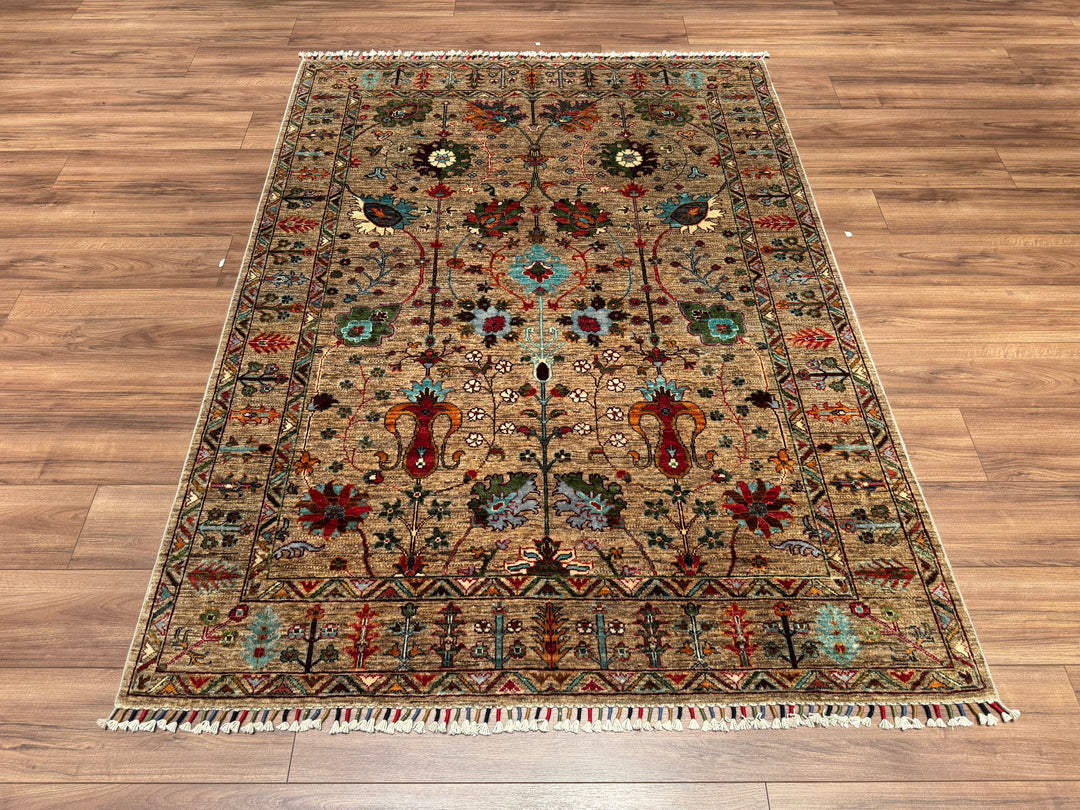 Sultani Floral Original Hand Woven Beige Vegetable Dyed Wool Carpet 155x207 3.21 Square Meters - 5x6 ft