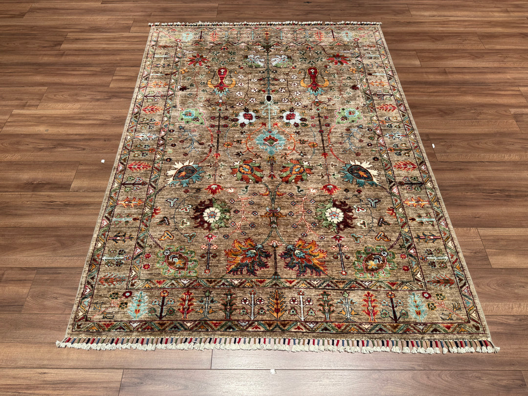 Sultani Çiçekli Orjinal El Dokuması Bej Kök Boya Yün Halı 155x207 3.21 Metrekare - 5x6 ft