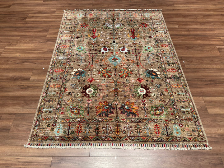 Sultani Çiçekli Orjinal El Dokuması Bej Kök Boya Yün Halı 155x207 3.21 Metrekare - 5x6 ft