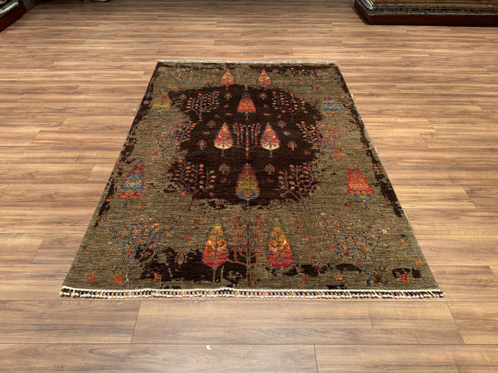 Sultani Tree Pattern Original Hand Woven Brown Vegetable Dyed Wool Carpet 174x245 4.26 Square Meters - 6x8 ft