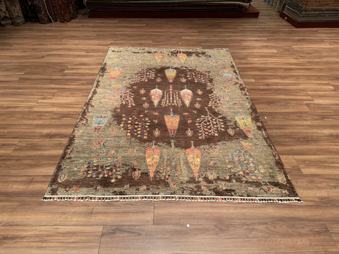 Sultani Tree Pattern Original Hand Woven Brown Vegetable Dyed Wool Carpet 174x245 4.26 Square Meters - 6x8 ft