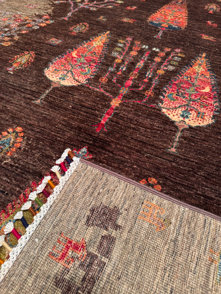 Sultani Tree Pattern Original Hand Woven Brown Vegetable Dyed Wool Carpet 174x245 4.26 Square Meters - 6x8 ft