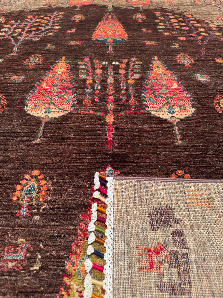 Sultani Tree Pattern Original Hand Woven Brown Vegetable Dyed Wool Carpet 174x245 4.26 Square Meters - 6x8 ft