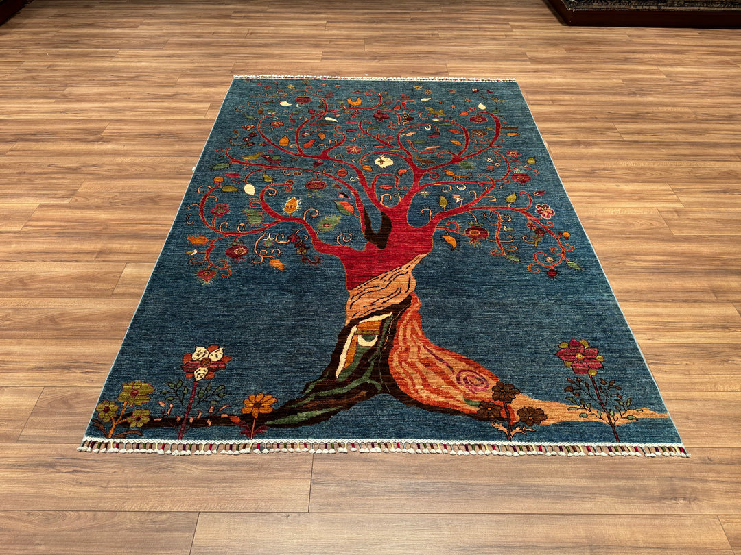 سجادة صوفية منسوجة يدويًا من Blue Tree of Life Original Root Dye مقاس 175 × 240 4.20 متر مربع - 6 × 8 قدم 