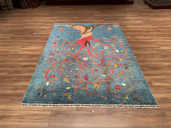 Blue Tree of Life Original Vegetable Dyed Hand Woven Wool Carpet 175x240 4.20 Square Meters - 6x8 ft