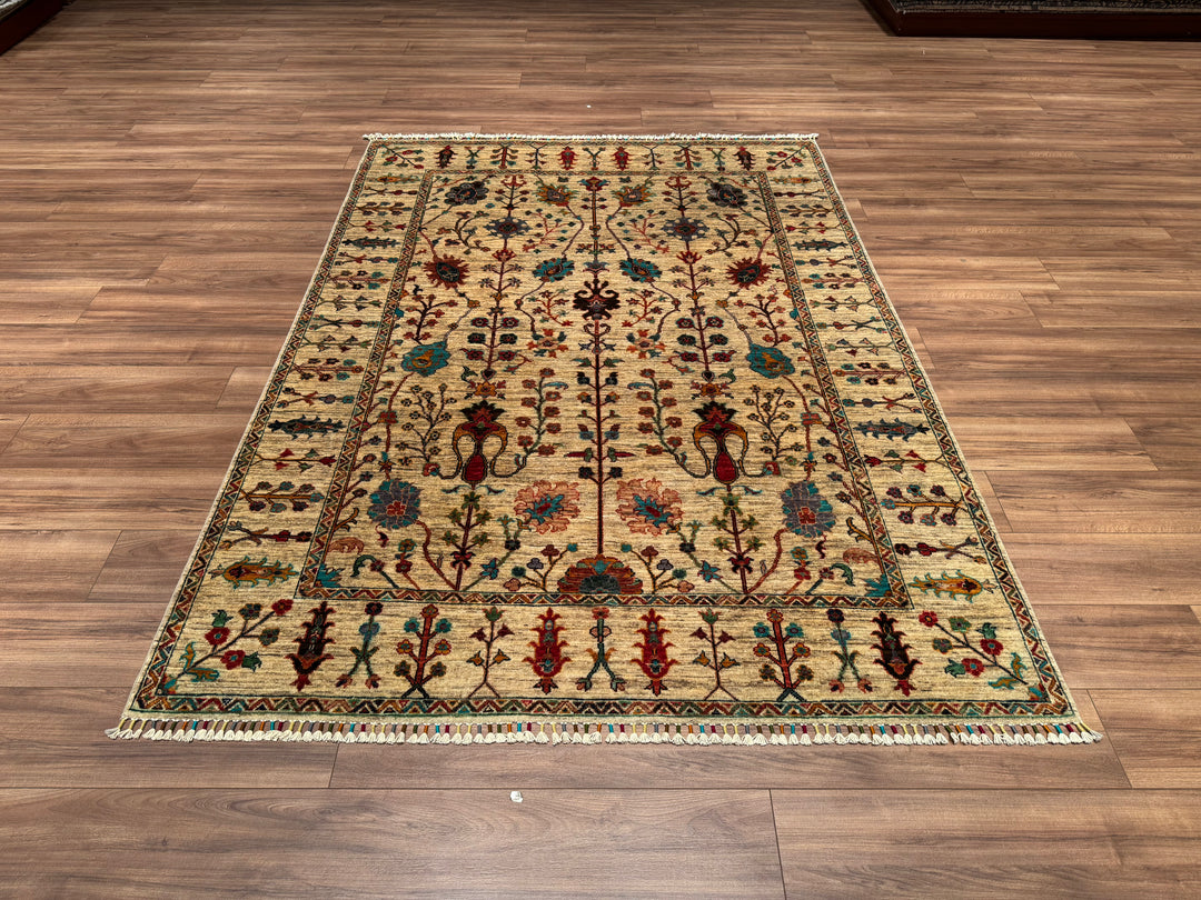 Sultani Floral Original Hand Woven Beige Vegetable Dyed Wool Carpet 174x244 4.25 Square Meters - 6x8 ft