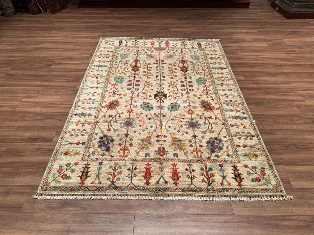 Sultani Floral Original Hand Woven Beige Vegetable Dyed Wool Carpet 174x244 4.25 Square Meters - 6x8 ft