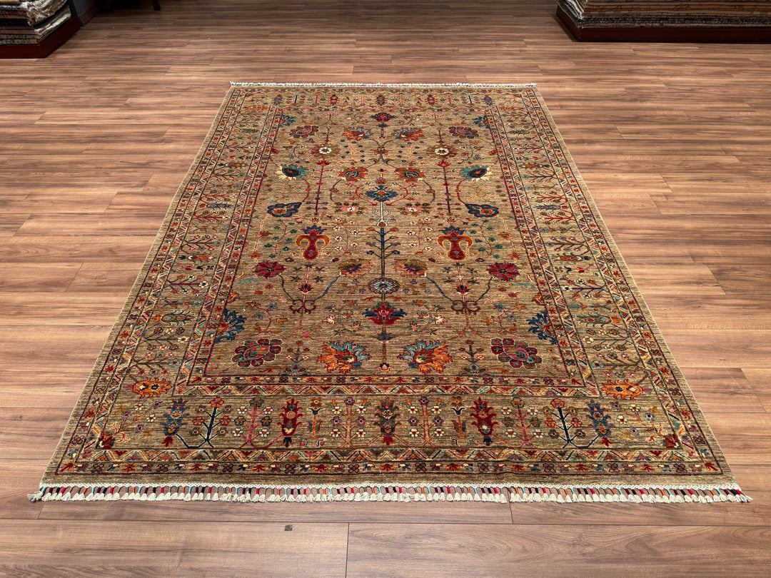 Sultani Floral Original Hand Woven Beige Vegetable Dyed Wool Carpet 214x295 6.31 Square Meters - 6x9 ft