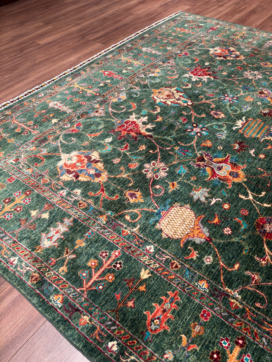 Sultani Binbirgece Orijinal El Dokuması Yeşil Kök Boya Yün Halı 247x306 7.56 Metrekare - 7x10 ft