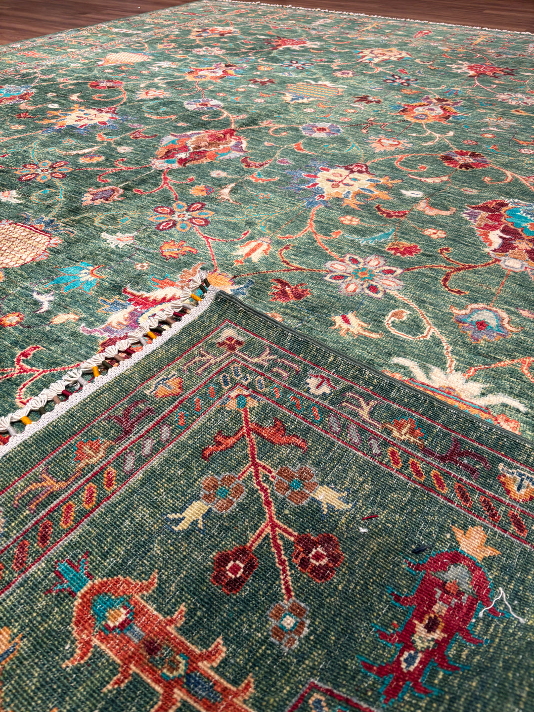 Sultani Binbirgece Orijinal El Dokuması Yeşil Kök Boya Yün Halı 247x306 7.56 Metrekare - 7x10 ft