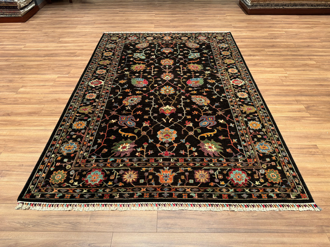 Sultani Çiçekli Orjinal El Dokuması Siyah Kök Boya Yün Halı 214x308 6.59 Metrekare - 6x9 ft