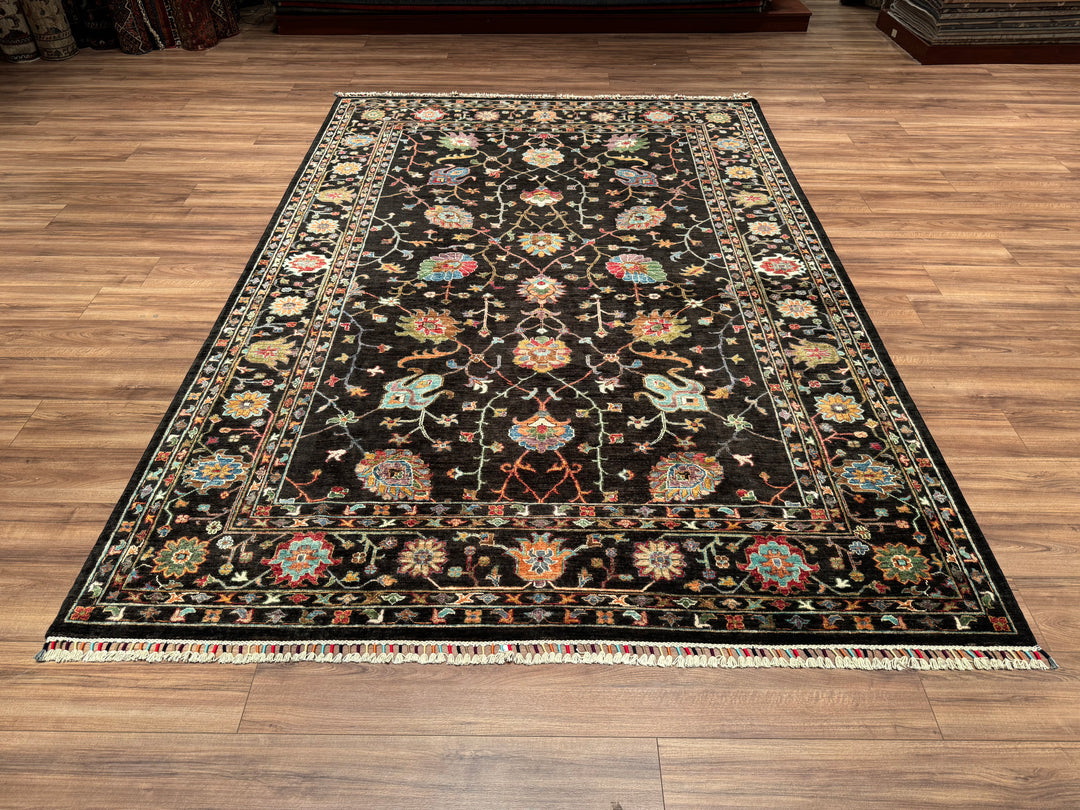 Sultani Floral Original Hand Woven Black Vegetable Dyed Wool Carpet 214x308 6.59 Square Meters - 6x9 ft