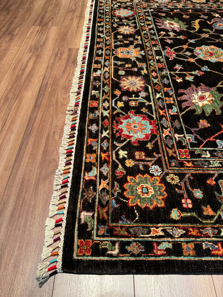 Sultani Floral Original Hand Woven Black Vegetable Dyed Wool Carpet 214x308 6.59 Square Meters - 6x9 ft