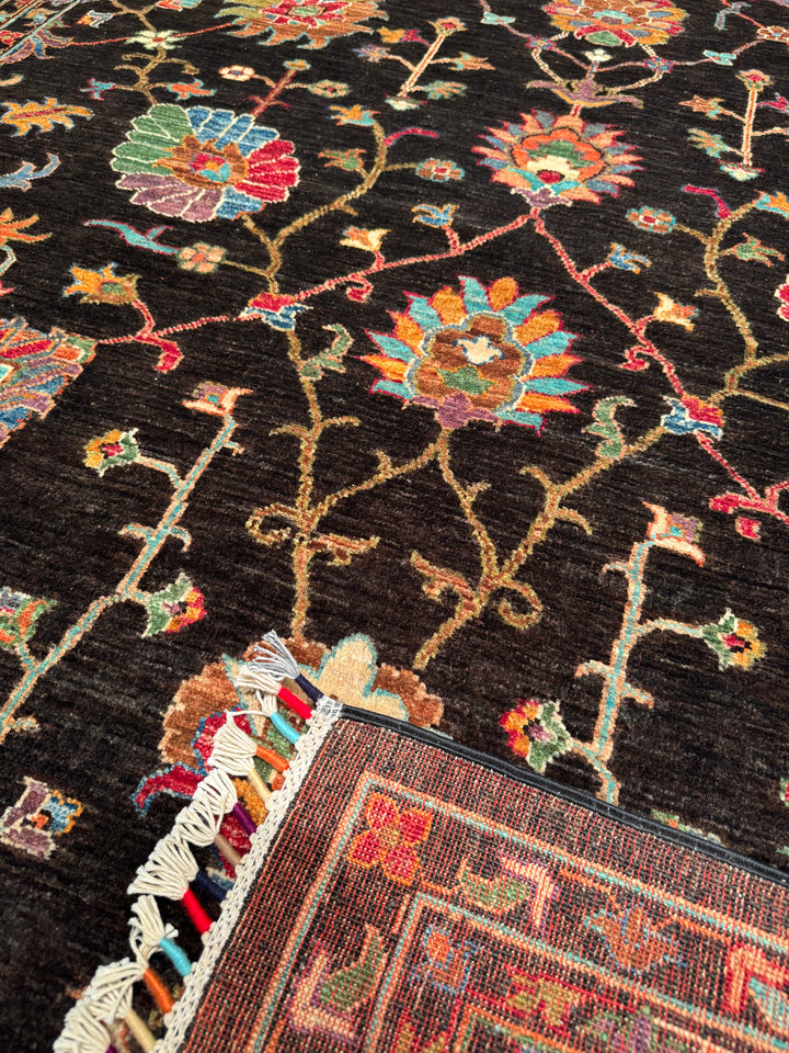 Sultani Floral Original Hand Woven Black Vegetable Dyed Wool Carpet 214x308 6.59 Square Meters - 6x9 ft