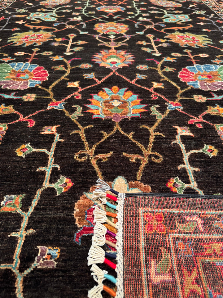 Sultani Floral Original Hand Woven Black Vegetable Dyed Wool Carpet 214x308 6.59 Square Meters - 6x9 ft