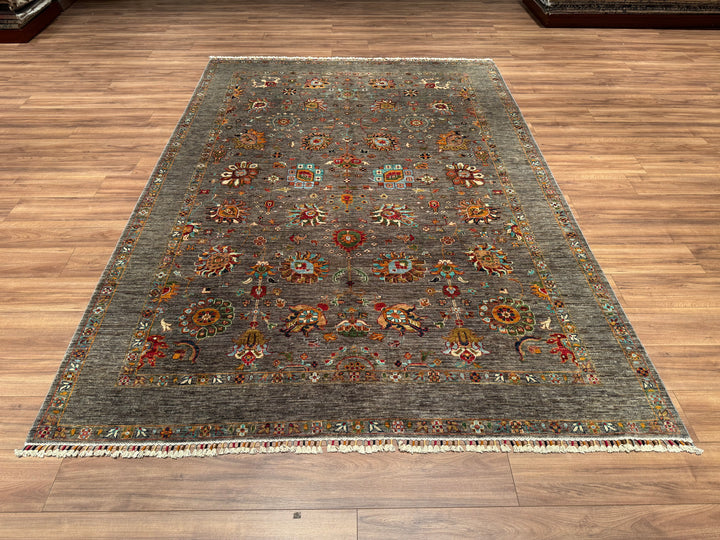 Sultani Çiçekli Orjinal El Dokuması Gri Kök Boya Yün Halı 213x303 6.45 Metrekare - 6x9 ft