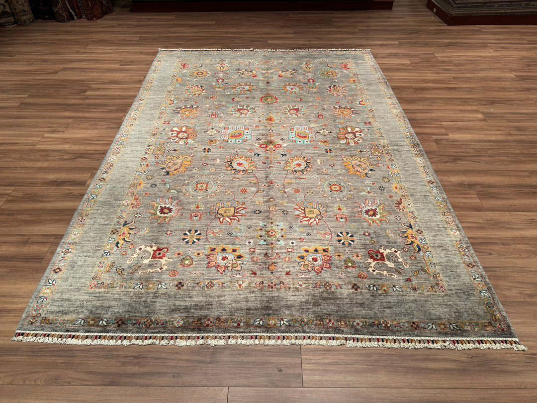 Sultani Çiçekli Orjinal El Dokuması Gri Kök Boya Yün Halı 213x303 6.45 Metrekare - 6x9 ft