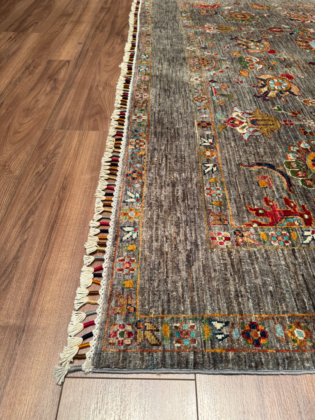 Sultani Floral Original Hand Woven Gray Vegetable Dyed Wool Carpet 213x303 6.45 Square Meters - 6x9 ft