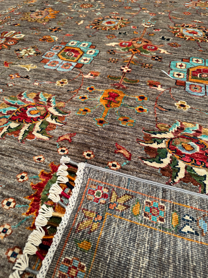 Sultani Floral Original Hand Woven Gray Vegetable Dyed Wool Carpet 213x303 6.45 Square Meters - 6x9 ft