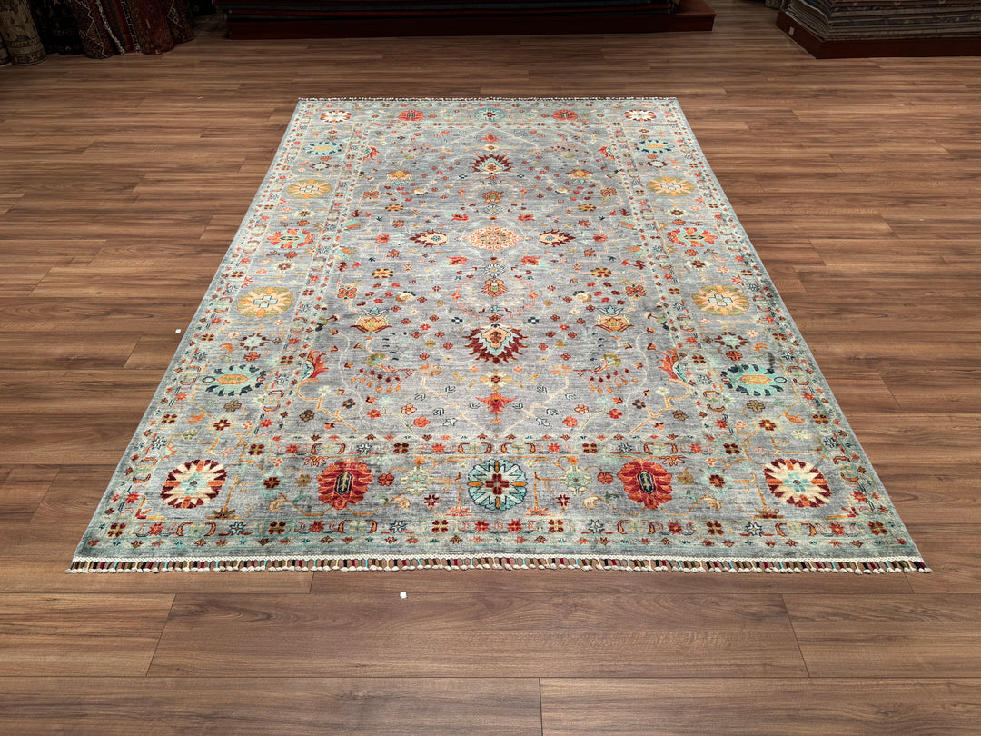 Sultani Floral Original Hand Woven Gray Vegetable Dyed Wool Carpet 203x288 5.85 Square Meters - 6x9 ft