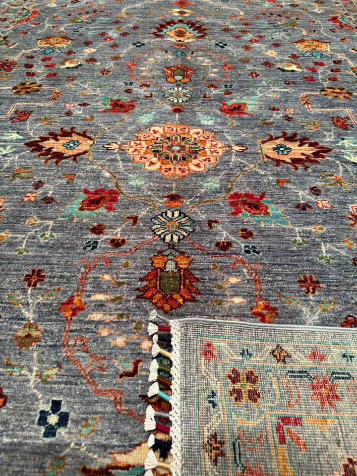 Sultani Floral Original Hand Woven Gray Vegetable Dyed Wool Carpet 203x288 5.85 Square Meters - 6x9 ft