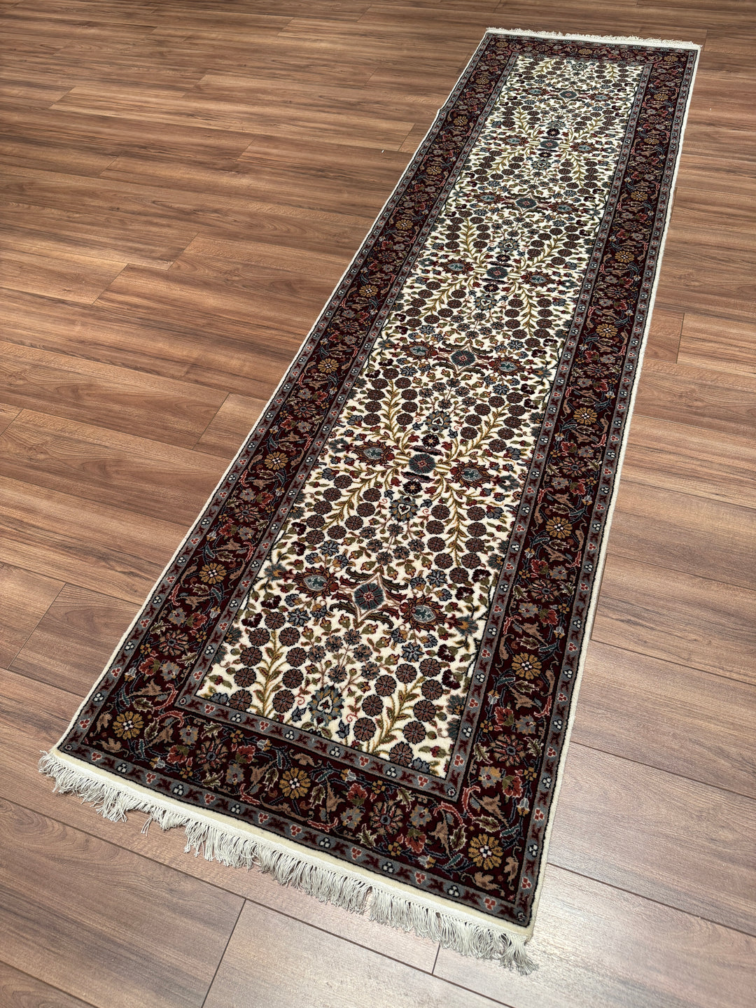 Hereke Orijinal El Dokuması Krem Kırmızı Yün Bambu Yolluk 0.81x298 2.41 Metrekare - 3x10 ft