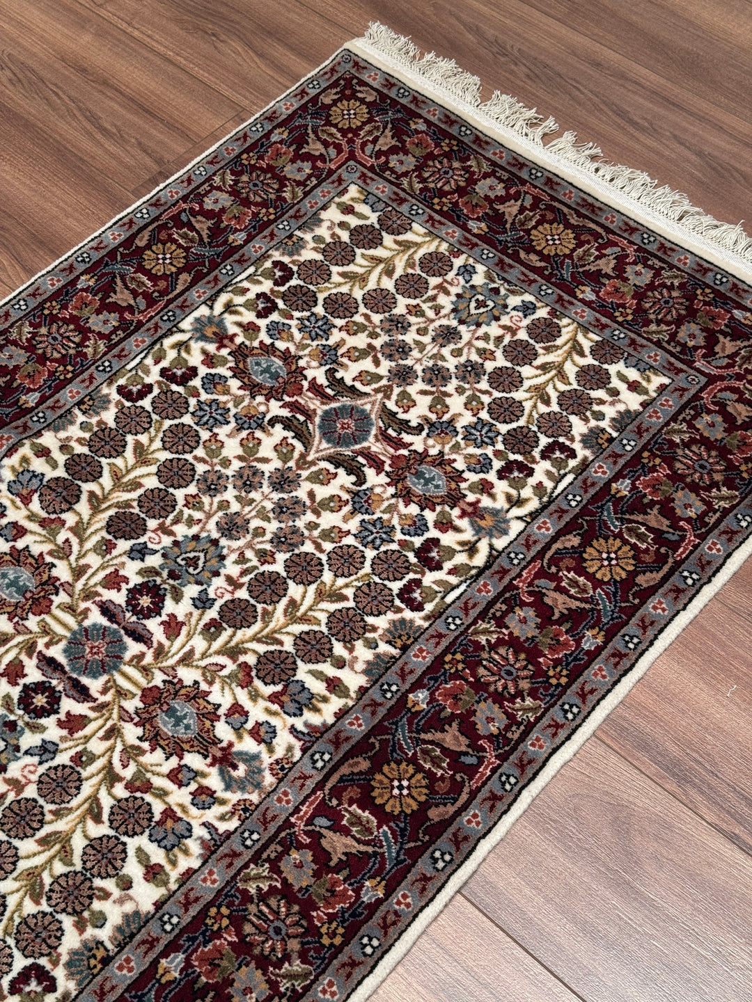 Hereke Orijinal El Dokuması Krem Kırmızı Yün Bambu Yolluk 0.81x298 2.41 Metrekare - 3x10 ft