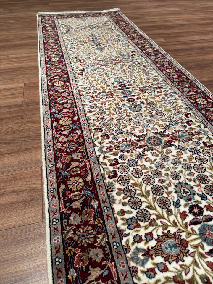 Hereke Orijinal El Dokuması Krem Kırmızı Yün Bambu Yolluk 0.81x298 2.41 Metrekare - 3x10 ft