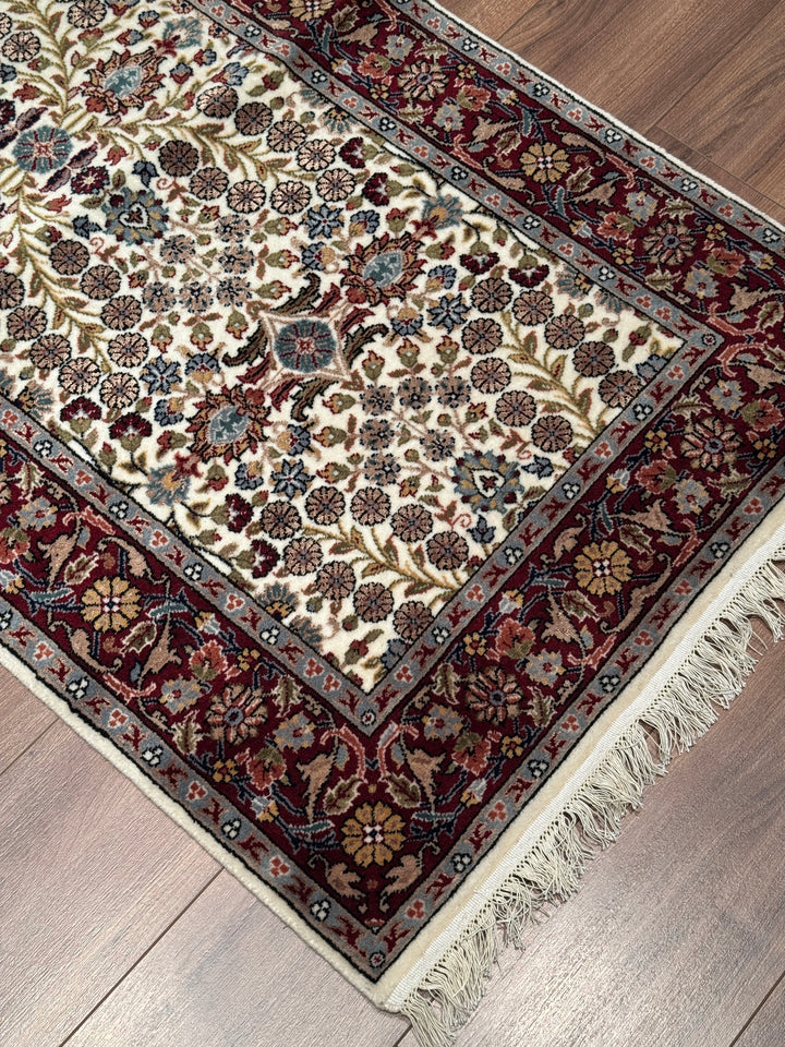 Hereke Orijinal El Dokuması Krem Kırmızı Yün Bambu Yolluk 0.81x298 2.41 Metrekare - 3x10 ft