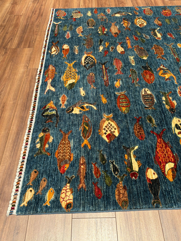 Balık Orijinal El Dokuması Mavi Kök Boya Yün Halı 210x311 6.53 Metrekare - 7x10 ft