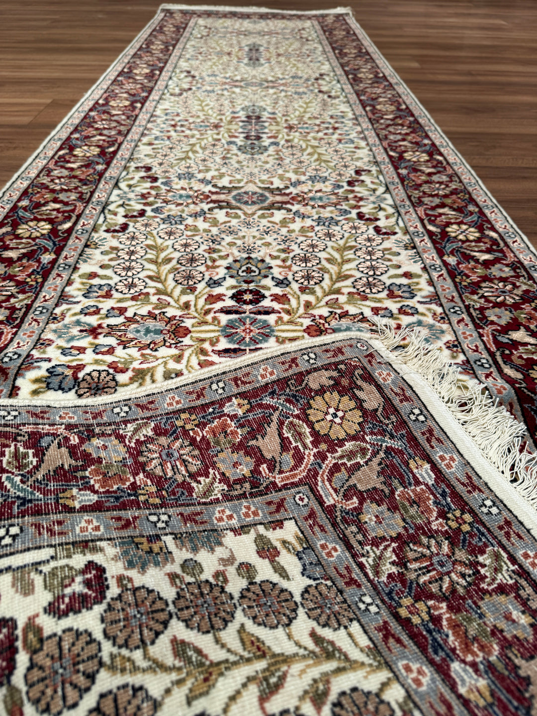 Hereke Orijinal El Dokuması Krem Kırmızı Yün Bambu Yolluk 0.81x298 2.41 Metrekare - 3x10 ft