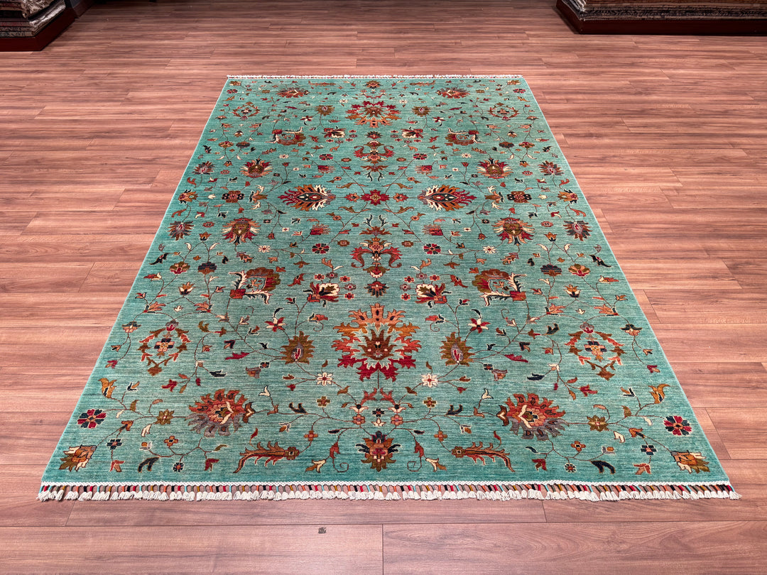 Sultani Binbirgece Original Hand Woven Turquoise Vegetable Dyed Wool Carpet 208x297 6.18 Square Meters - 6x9 ft