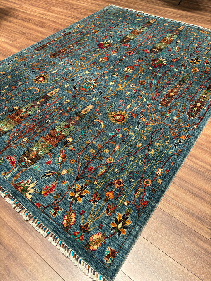 Hayat Ağacı Orijinal El Dokuması Mavi Kök Boya Yün Halı 211x290 6.12 Metrekare - 7x10 ft