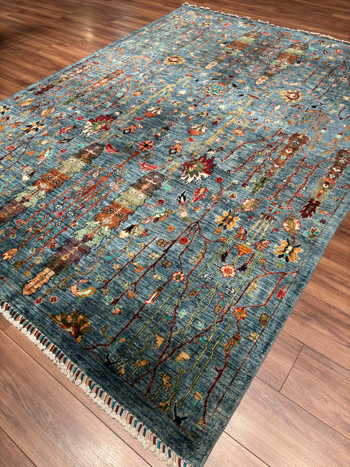 Hayat Ağacı Orijinal El Dokuması Mavi Kök Boya Yün Halı 211x290 6.12 Metrekare - 7x10 ft