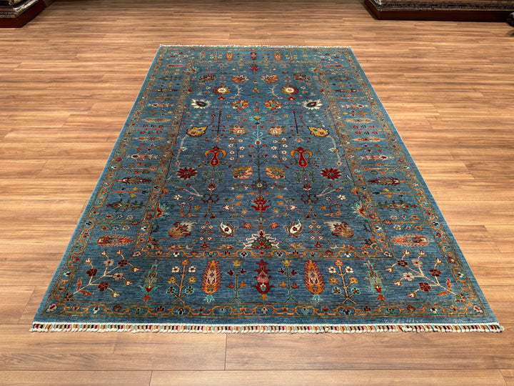 Sultani Floral Original Hand Woven Blue Vegetable Dyed Wool Carpet 203x307 6.23 Square Meters - 6x10 ft