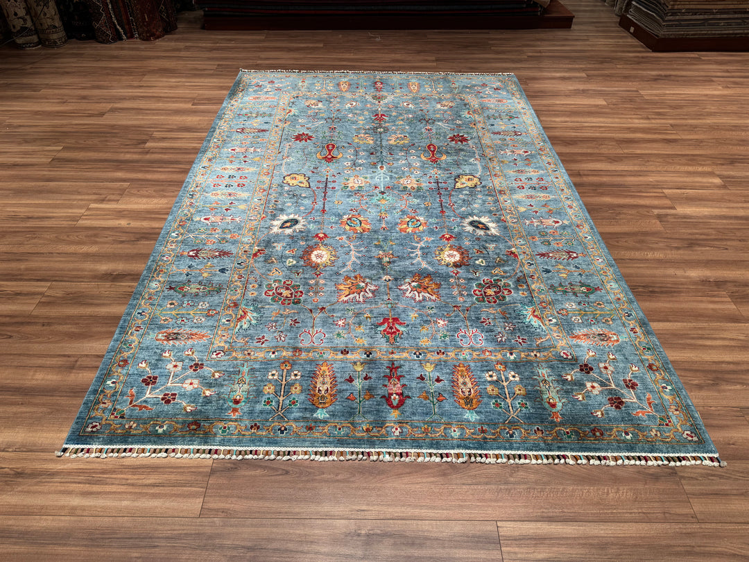 Sultani Floral Original Hand Woven Blue Vegetable Dyed Wool Carpet 203x307 6.23 Square Meters - 6x10 ft