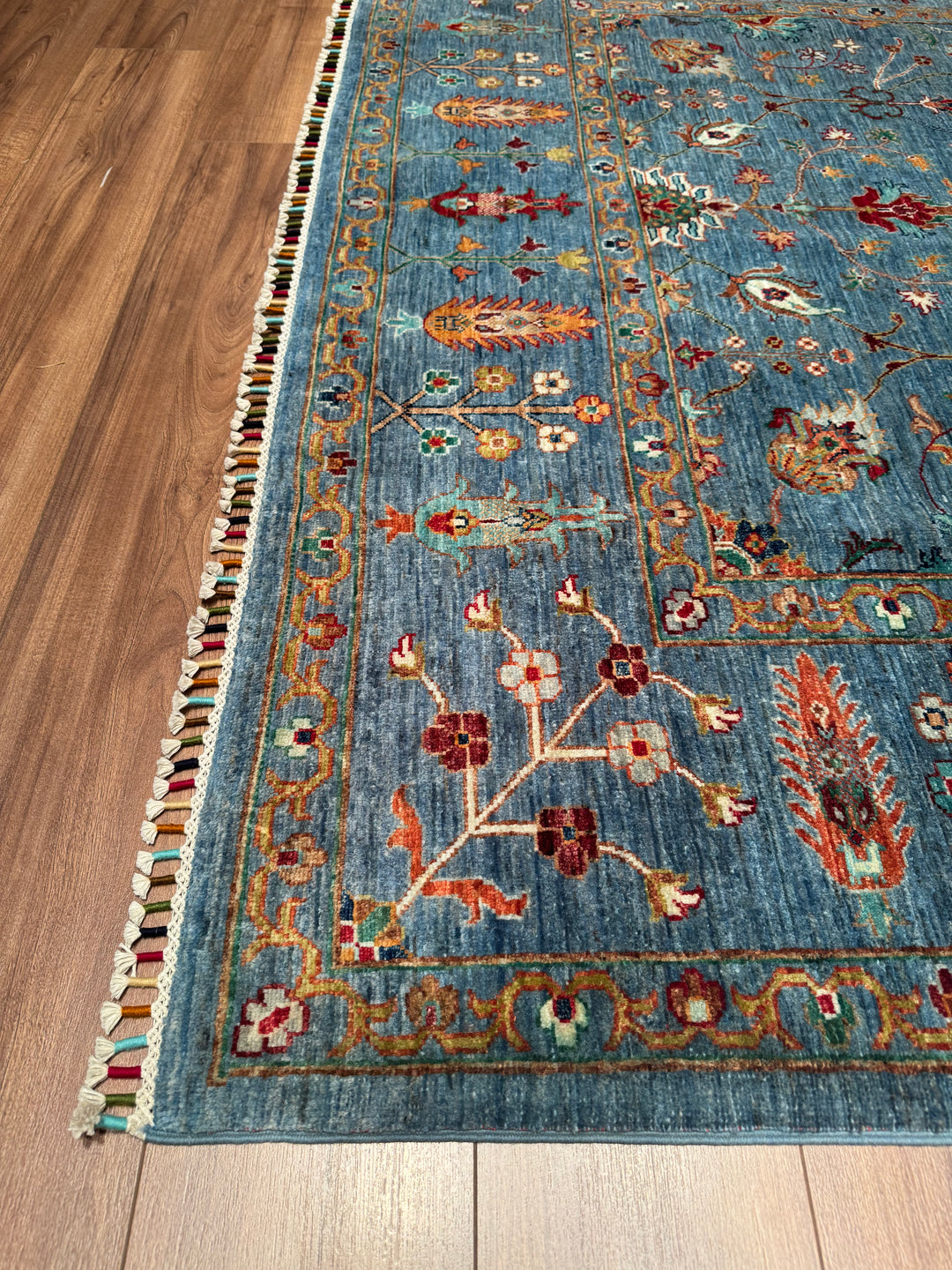 Sultani Floral Original Hand Woven Blue Vegetable Dyed Wool Carpet 203x307 6.23 Square Meters - 6x10 ft