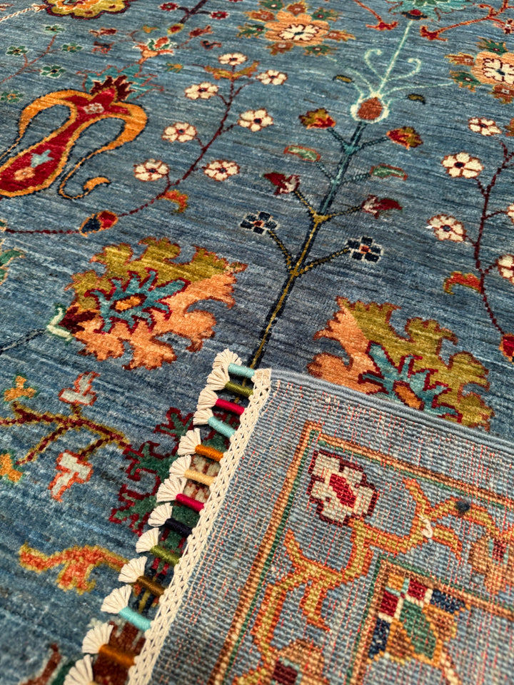 Sultani Floral Original Hand Woven Blue Vegetable Dyed Wool Carpet 203x307 6.23 Square Meters - 6x10 ft