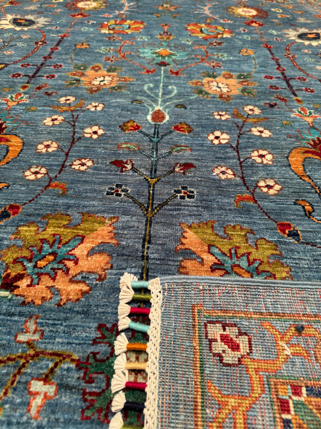 Sultani Floral Original Hand Woven Blue Vegetable Dyed Wool Carpet 203x307 6.23 Square Meters - 6x10 ft