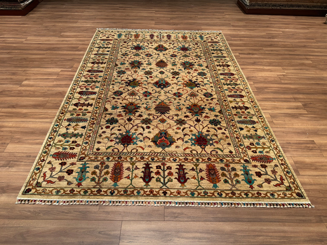 Sultani Binbirgece Original Hand Woven Beige Vegetable Dyed Wool Carpet 213x308 6.56 Square Meters - 6x10 ft