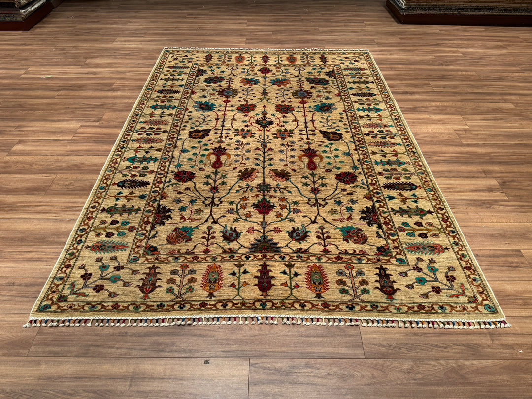 Sultani Floral Original Hand Woven Beige Vegetable Dyed Wool Carpet 210x295 6.20 Square Meters - 6x10 ft