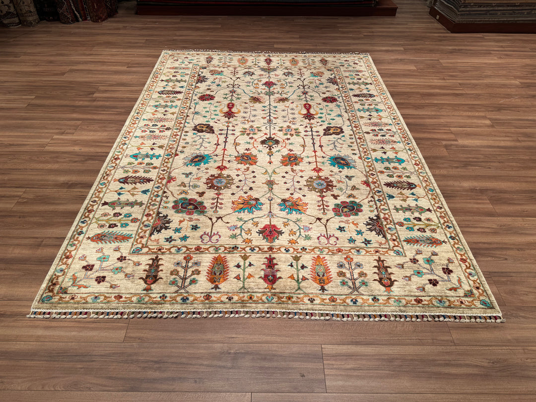 Sultani Floral Original Hand Woven Beige Vegetable Dyed Wool Carpet 210x295 6.20 Square Meters - 6x10 ft