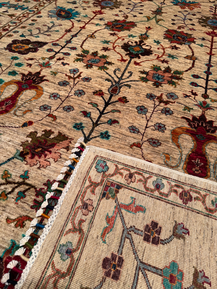 Sultani Floral Original Hand Woven Beige Vegetable Dyed Wool Carpet 210x295 6.20 Square Meters - 6x10 ft