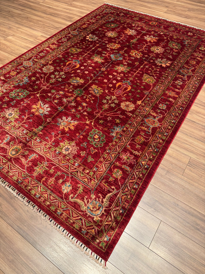 سجادة سلطاني زهرية أصلية منسوجة يدويًا من الصوف الأحمر المصبوغ بصبغة الجذور، 207 × 305 سم، 6.31 متر مربع - 7 × 10 قدم