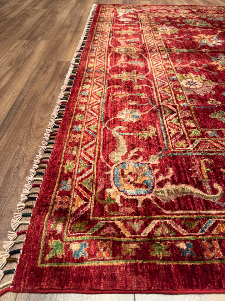 سجادة سلطاني زهرية أصلية منسوجة يدويًا من الصوف الأحمر المصبوغ بصبغة الجذور، 207 × 305 سم، 6.31 متر مربع - 7 × 10 قدم