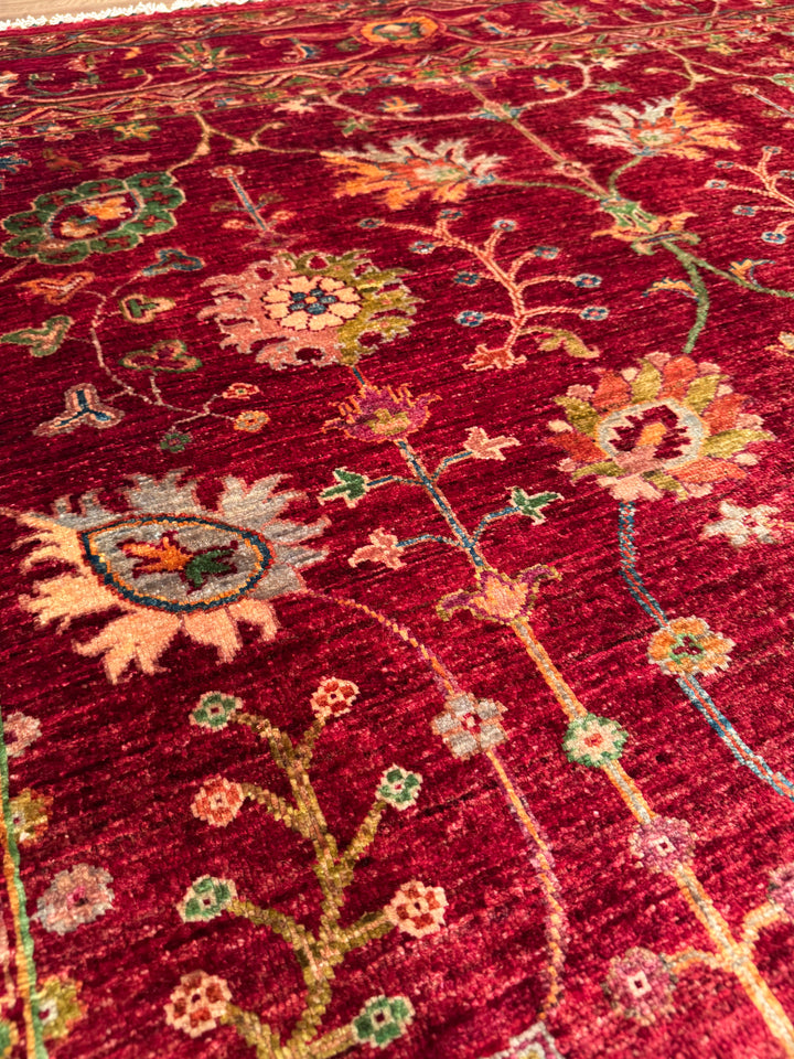 سجادة سلطاني زهرية أصلية منسوجة يدويًا من الصوف الأحمر المصبوغ بصبغة الجذور، 207 × 305 سم، 6.31 متر مربع - 7 × 10 قدم