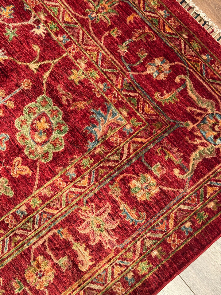 سجادة سلطاني زهرية أصلية منسوجة يدويًا من الصوف الأحمر المصبوغ بصبغة الجذور، 207 × 305 سم، 6.31 متر مربع - 7 × 10 قدم